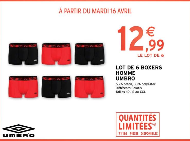 Umbro - Lot De 6 Boxers Homme offre à 12,99€ sur Intermarché