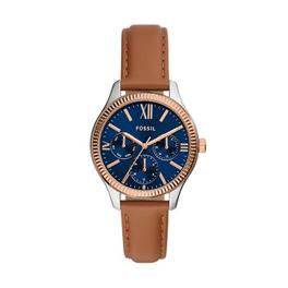 Montre Rye multifonction en cuir, brune