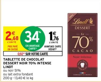 Lindt - Tablette De Chocolat Dessert Noir 70% Intense offre à 1,76€ sur Intermarché Contact
