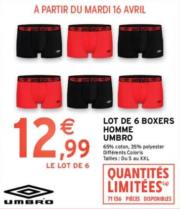Umbro - Lot De 6 Boxers Homme offre à 12,99€ sur Intermarché Contact