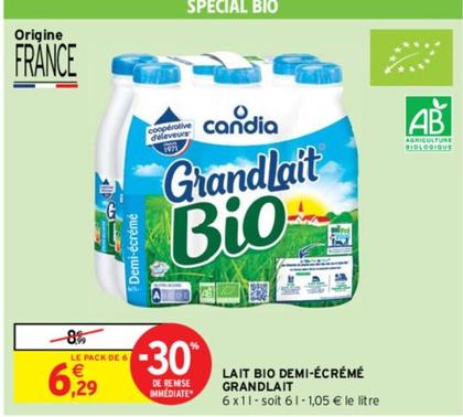 Grandlait - Lait Bio Demi Écrémé offre à 6,29€ sur Intermarché Contact