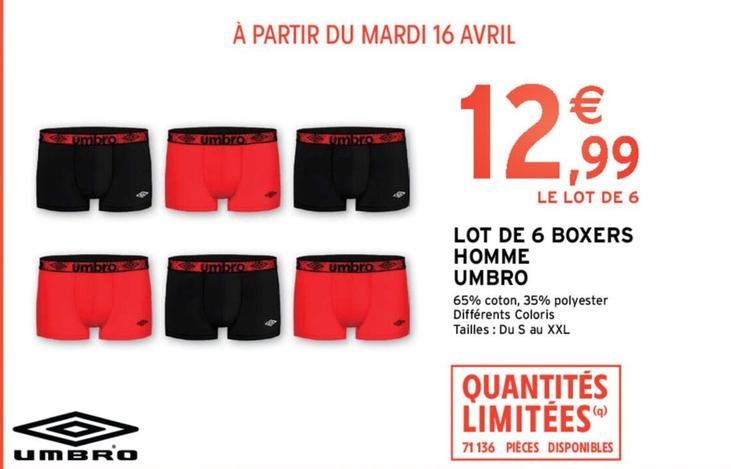 Umbro - Lot De 6 Boxers Homme offre à 12,99€ sur Intermarché Contact