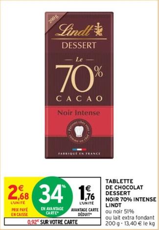 Lindt - Tablette De Chocolat Dessert Noir 70% Intense  offre à 2,68€ sur Intermarché Express