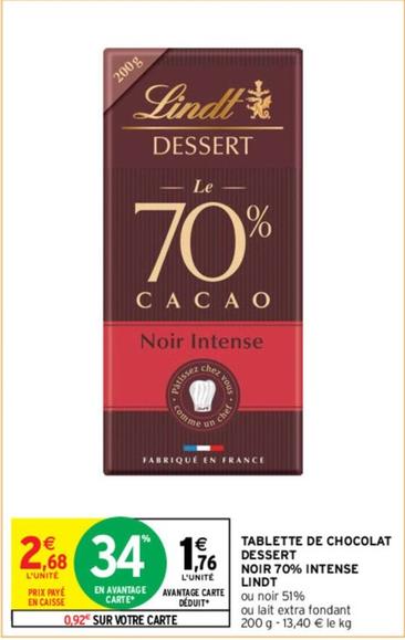 Lindt - Tablette De Chocolat Dessert Noir 70% Intense offre à 1,76€ sur Intermarché Express