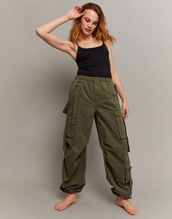 Pantalon large cargo taille haute kaki