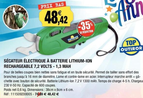 Sécateur Électrique À Batterie Lithium Ion Rechargeable 7,2 Volts offre à 48,42€ sur Outiror