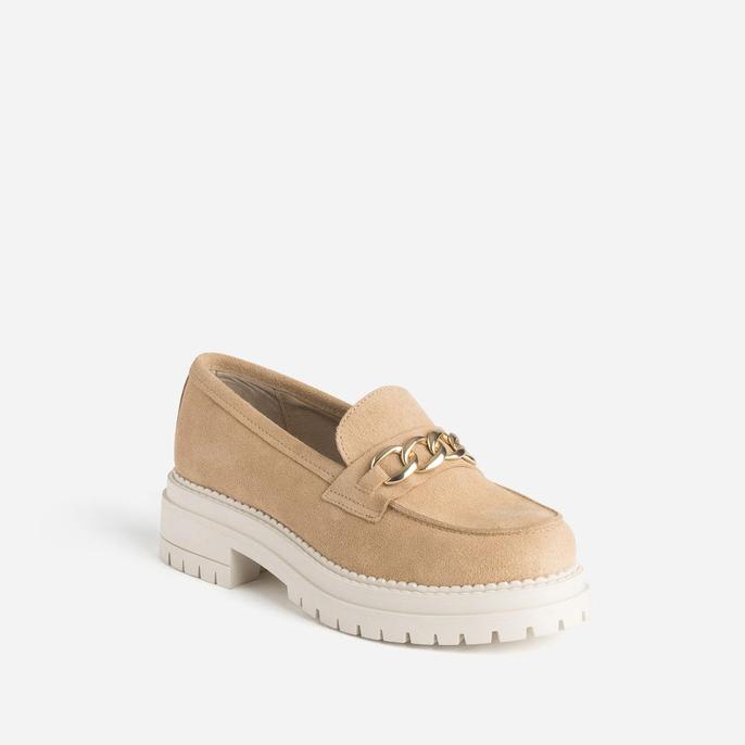 mocassin crantée texto beige en cuir velours