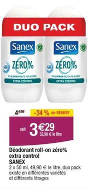 Sanex - Déodorant Roll-On Zero % Extra Control  offre à 3,29€ sur Cora