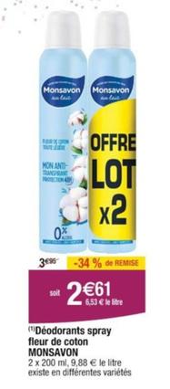 Monsavon - Déodorants Spray Fleur De Coton offre à 2,61€ sur Cora