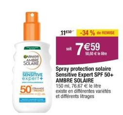 Garnier - Spray Protection Solaire Sensitive Expert SPF 50+ Ambre Solaire  offre à 7,59€ sur Cora