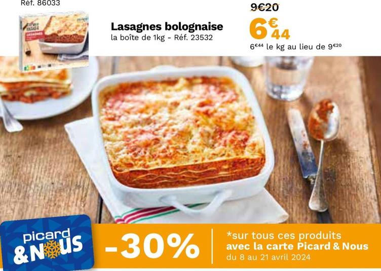 Lasagne Bolognaise offre à 6,44€ sur Picard