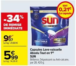 Sun - Capsules Lave Vaisselle Absolu Tout En 1 offre à 5,99€ sur Carrefour