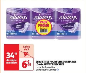 Always Discreet Serviettes Pour Fuites Urinaires Long+ offre à 6,49€ sur Auchan Supermarché