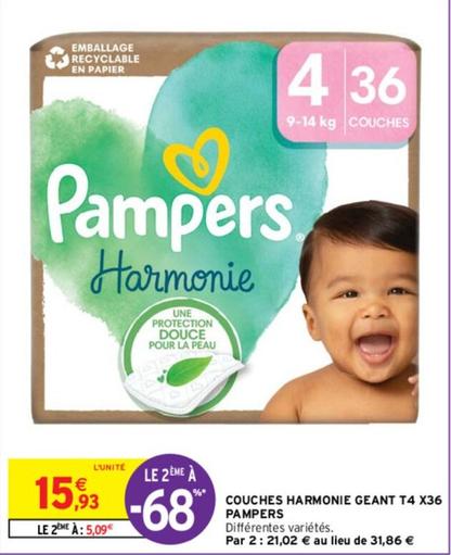 Pampers - Couches Harmonie Geant T4 X36 offre à 15,93€ sur Intermarché