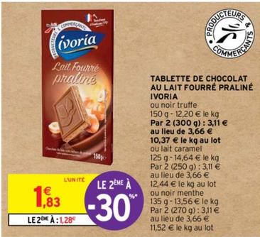Ivoria - Tablette De Chocolat Au Lait Fourré Pralin offre à 1,83€ sur Intermarché