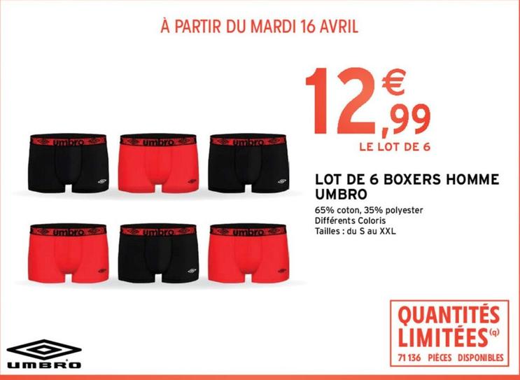 Umbro - Lot De 6 Boxers Homme offre à 12,99€ sur Intermarché