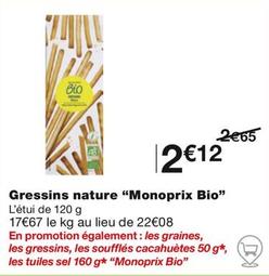 Monoprix Bio - Gressins Nature  offre à 2,12€ sur Monoprix