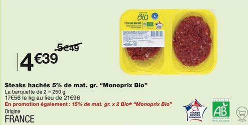 Monoprix Bio - Steaks Hachés 5% De Mat. Gr.  offre à 4,39€ sur Monoprix