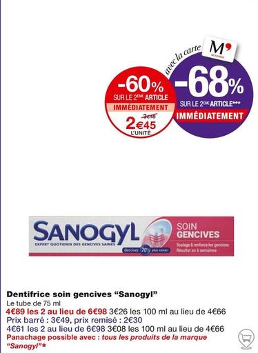 Sanogyl - Dentifrice Soin Gencives offre à 2,45€ sur Monoprix