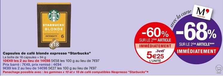 Starbucks - Capsules De Café Blonde Expresso  offre à 5,25€ sur Monoprix