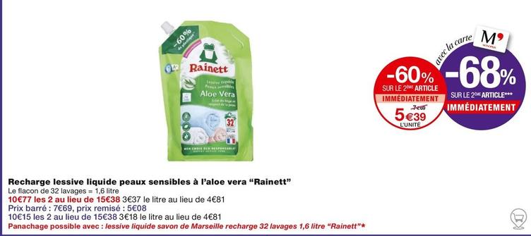 Rainett - Recharge Lessive Liquide Peaux Sensibles À L'Aloe Vera  offre à 5,39€ sur Monoprix