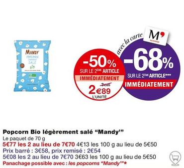 Mandy - Popcorn Bio Légèrement Salé  offre à 2,89€ sur Monoprix