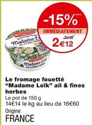Payson Breton - Le Fromage Fouette "Madame Loik" Ail & Fines Herbes  offre à 2,12€ sur Monoprix