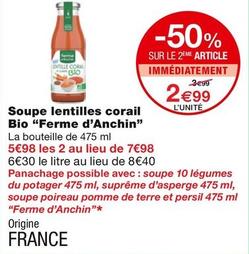 Ferme D'anchin - Soupe Lentilles Corail Bio  offre à 2,99€ sur Monoprix