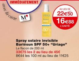 Uriage - Spray Solaire Invisible Bariésun SPF 50+ offre à 16,88€ sur Monoprix