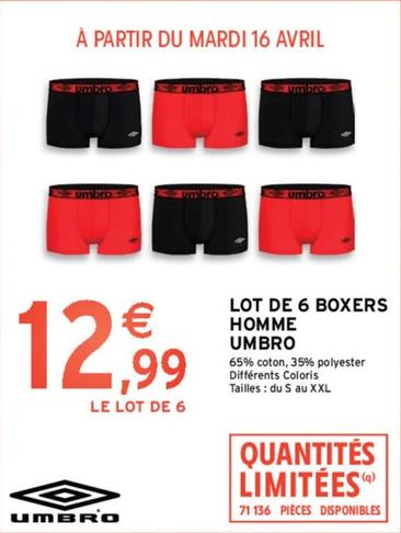 Umbro - Lot De 6 Boxers Homme  offre à 12,99€ sur Intermarché Contact