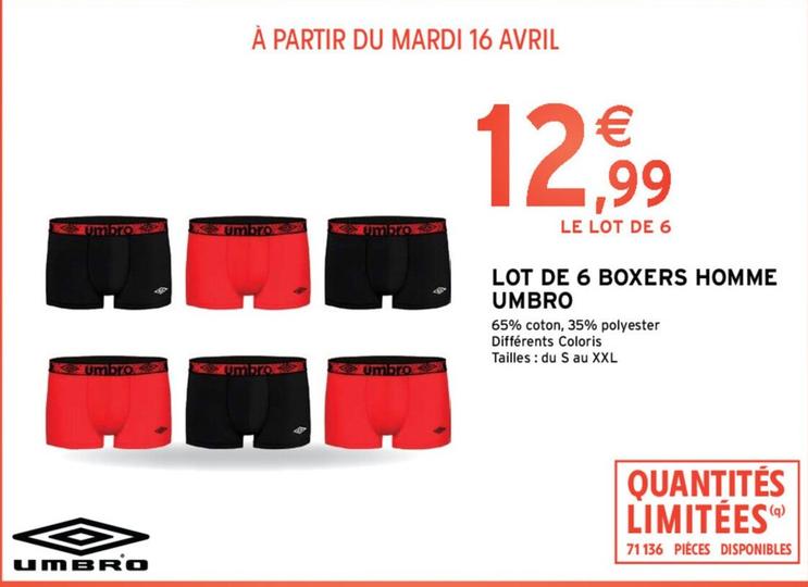 Umbro - Lot De 6 Boxers Homme  offre à 12,99€ sur Intermarché Contact