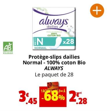Always - Protège Slips Dailies Normal 100% Coton Bio offre à 3,45€ sur Coccinelle Express