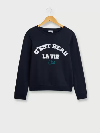 Sweat-shirt En Molleton De Coton Bio, Logo Signature En Broderie Bouclette - Bleu marine offre à 22€ sur Devianne