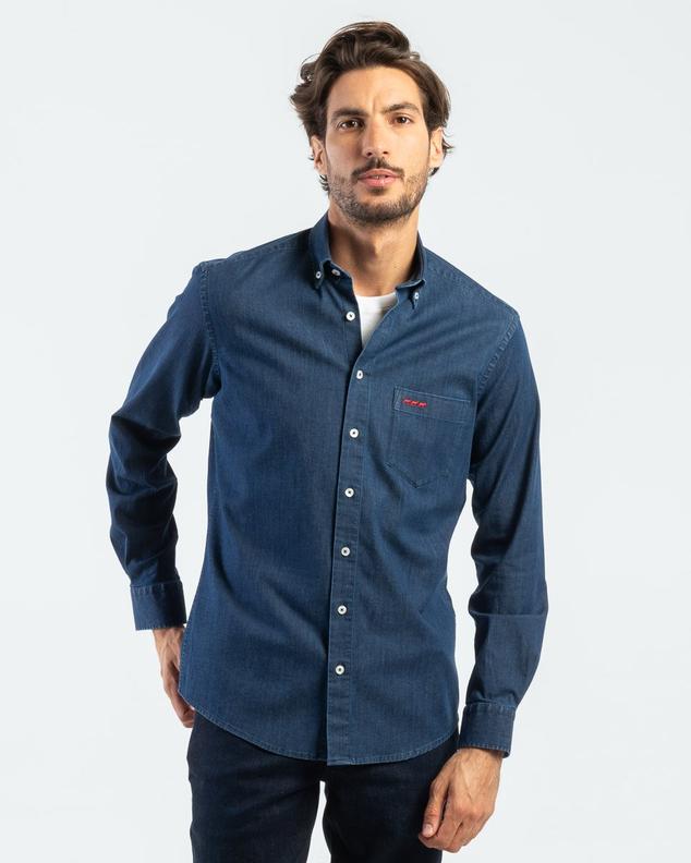 Chemise façon denim unie manches longues 100% coton