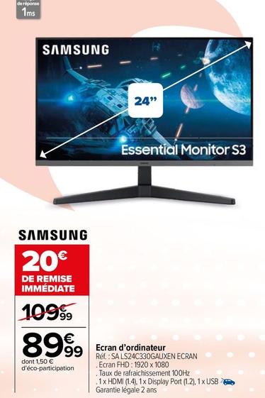 Samsung - Ecran D'ordinateur Réf.: SA LS24C330GAUXEN offre à 89,99€ sur Carrefour Market