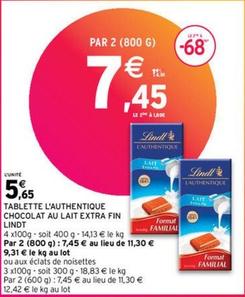 Lindt - Tablette L'Authentique Chocolat Au Lait Extra Fin offre à 5,65€ sur Intermarché