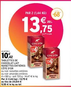 Côte D'Or - Tablettes De Chocolat Lait Noisettes Entières offre à 13,75€ sur Intermarché Hyper