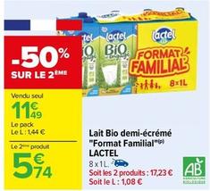 Lactel - Lait Bio Demi-écrémé "Format Familial " offre à 11,49€ sur Carrefour