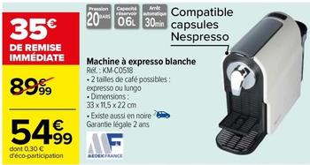 Medek France - Machine À Expresso Blanche Réf.: KM-C0518  offre à 54,99€ sur Carrefour