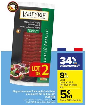 Labeyrie - Magret De Canard Fumé Au Bois De Hetre En Émincés Igp Sud Ouest offre à 5,61€ sur Carrefour