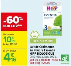 Hipp  - Lait De Croissance En Poudre Essentia Biologique offre à 10,39€ sur Carrefour