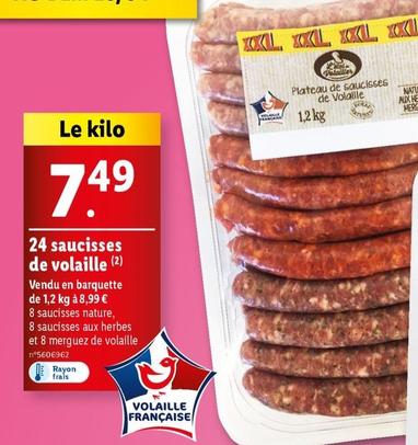 24 Saucisses De Volaille offre à 7,49€ sur Lidl