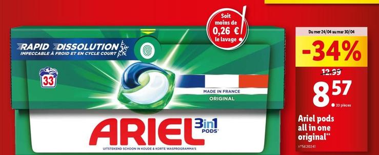 Ariel - Pods All In One Original offre à 8,57€ sur Lidl