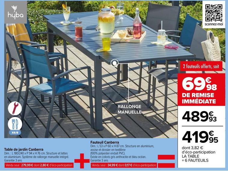 Table De Jardin Canberra + Fauteuil Canberra offre à 419,95€ sur Carrefour Contact