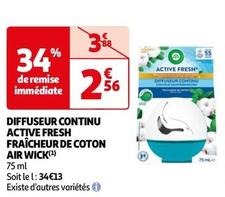 Air Wick - Diffuseur Continu Active Fresh Fraicheur De Coton  offre à 2,56€ sur Auchan Hypermarché