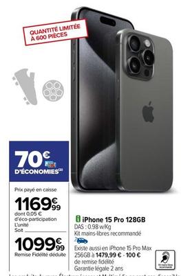 Apple - Iphone 15 Pro 128gb offre à 1099,99€ sur Carrefour