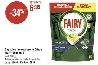 Fairy - Capsules Lave Vaisselle Citron Tout En 1 offre à 6,99€ sur Géant Casino