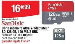 Sandisk - Carte Mémoire Ultra + Adaptateur Sd 128 Gb, 140 Mb/ S Uhs offre à 16,99€ sur Migros France