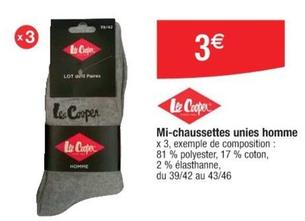 Lee Cooper - Mi-Chaussettes Unies Homme offre à 3€ sur Cora
