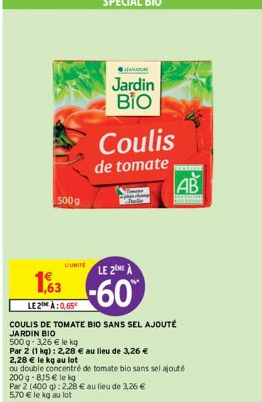 Jardin Bio - Coulis De Tomate Bio Sans Sel Ajouté  offre à 1,63€ sur Intermarché